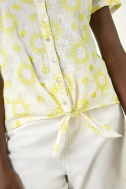 Roman Yellow Cotton Broidery Tie Front Blouse