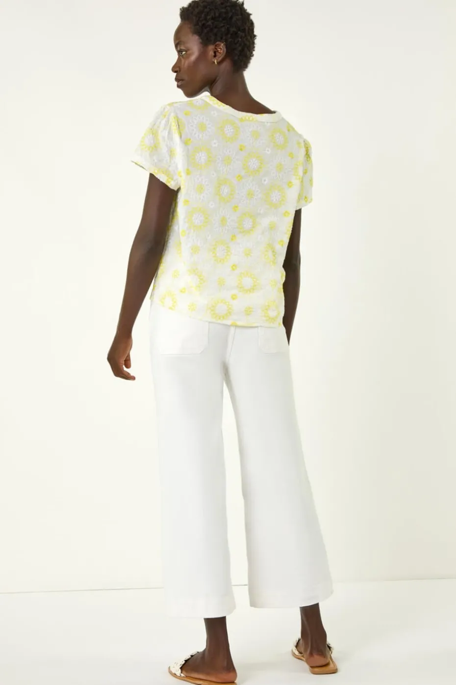 Roman Yellow Cotton Broidery Tie Front Blouse