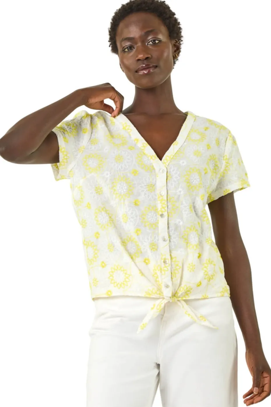 Roman Yellow Cotton Broidery Tie Front Blouse