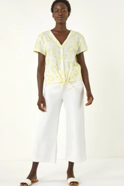 Roman Yellow Cotton Broidery Tie Front Blouse