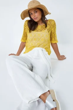 Roman Yellow Cotton Crochet T-Shirt