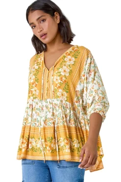 Roman Yellow Floral Border Print V-Neck Overshirt