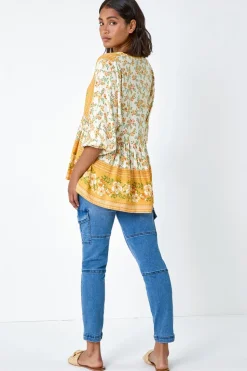 Roman Yellow Floral Border Print V-Neck Overshirt