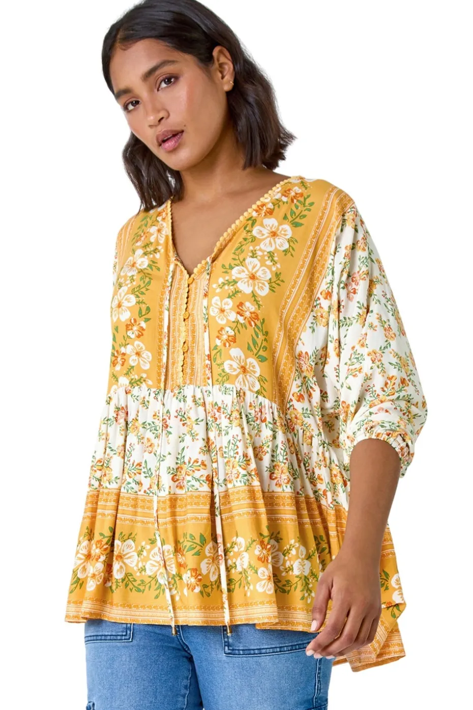 Roman Yellow Floral Border Print V-Neck Overshirt