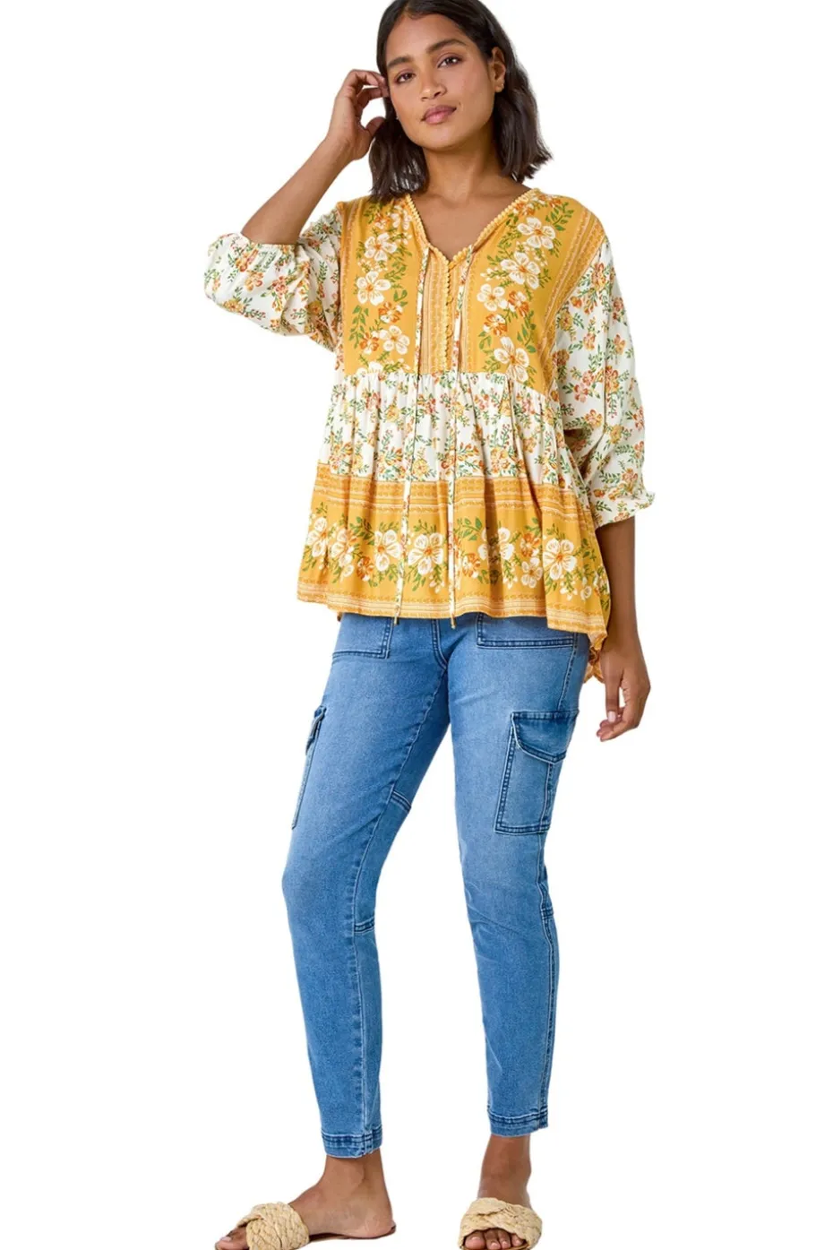 Roman Yellow Floral Border Print V-Neck Overshirt