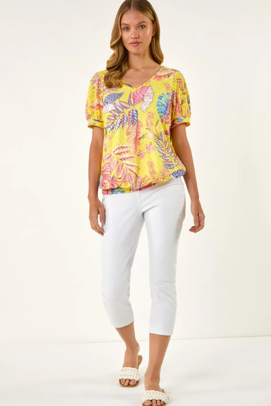 Roman Yellow Floral Print Bubble Hem Tee