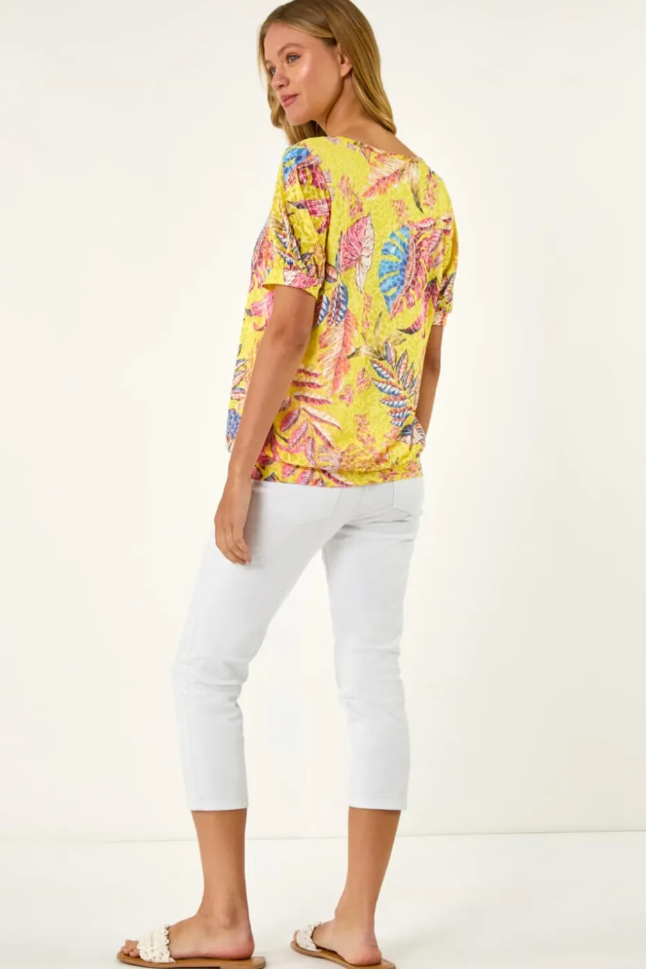 Roman Yellow Floral Print Bubble Hem Tee