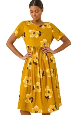 Roman Yellow Floral Print Smock Midi Dress