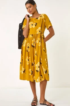 Roman Yellow Floral Print Smock Midi Dress
