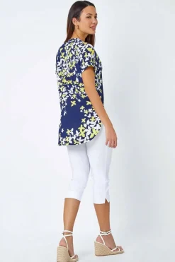 Roman Yellow Floral Puff Print V-Neck Pleat Front Top