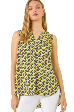 Roman Yellow Geo Print Pleat Front Vest Top