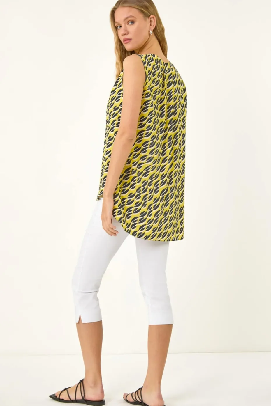 Roman Yellow Geo Print Pleat Front Vest Top
