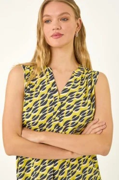 Roman Yellow Geo Print Pleat Front Vest Top