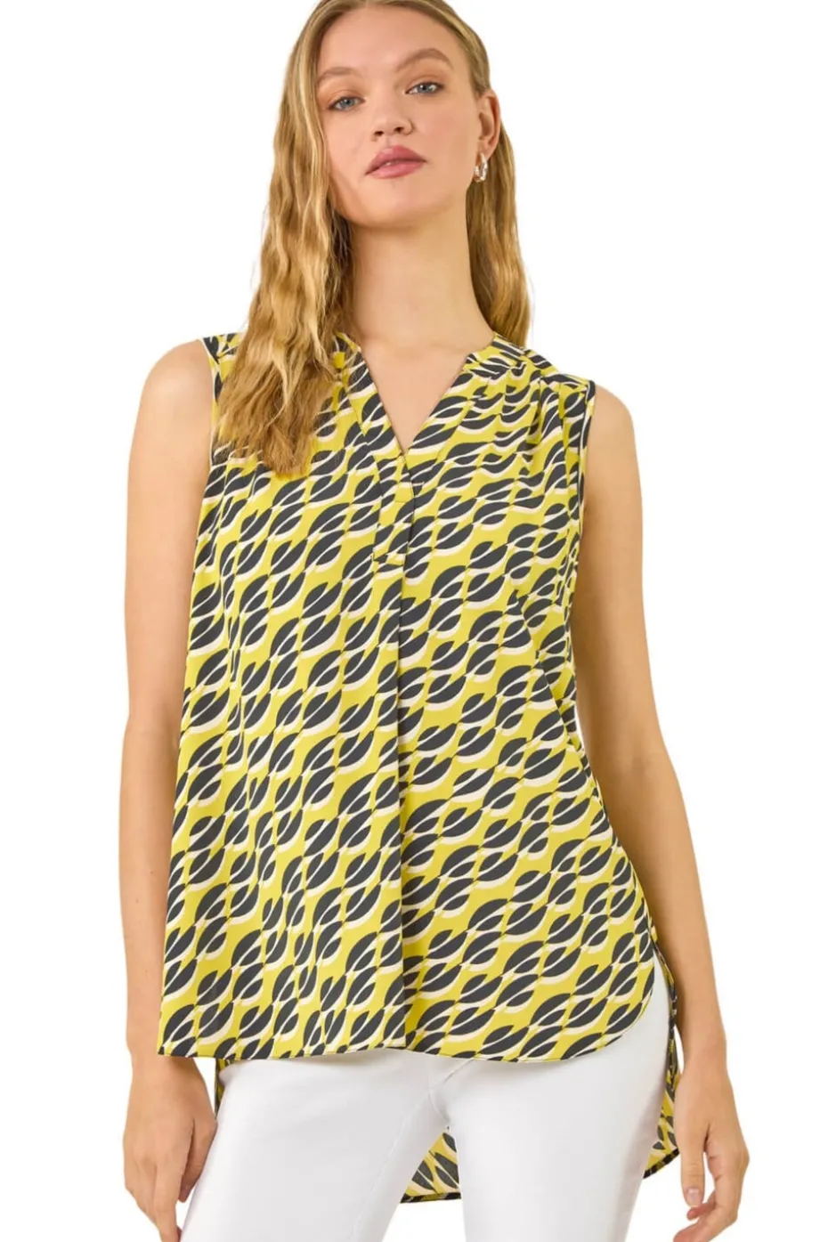 Roman Yellow Geo Print Pleat Front Vest Top