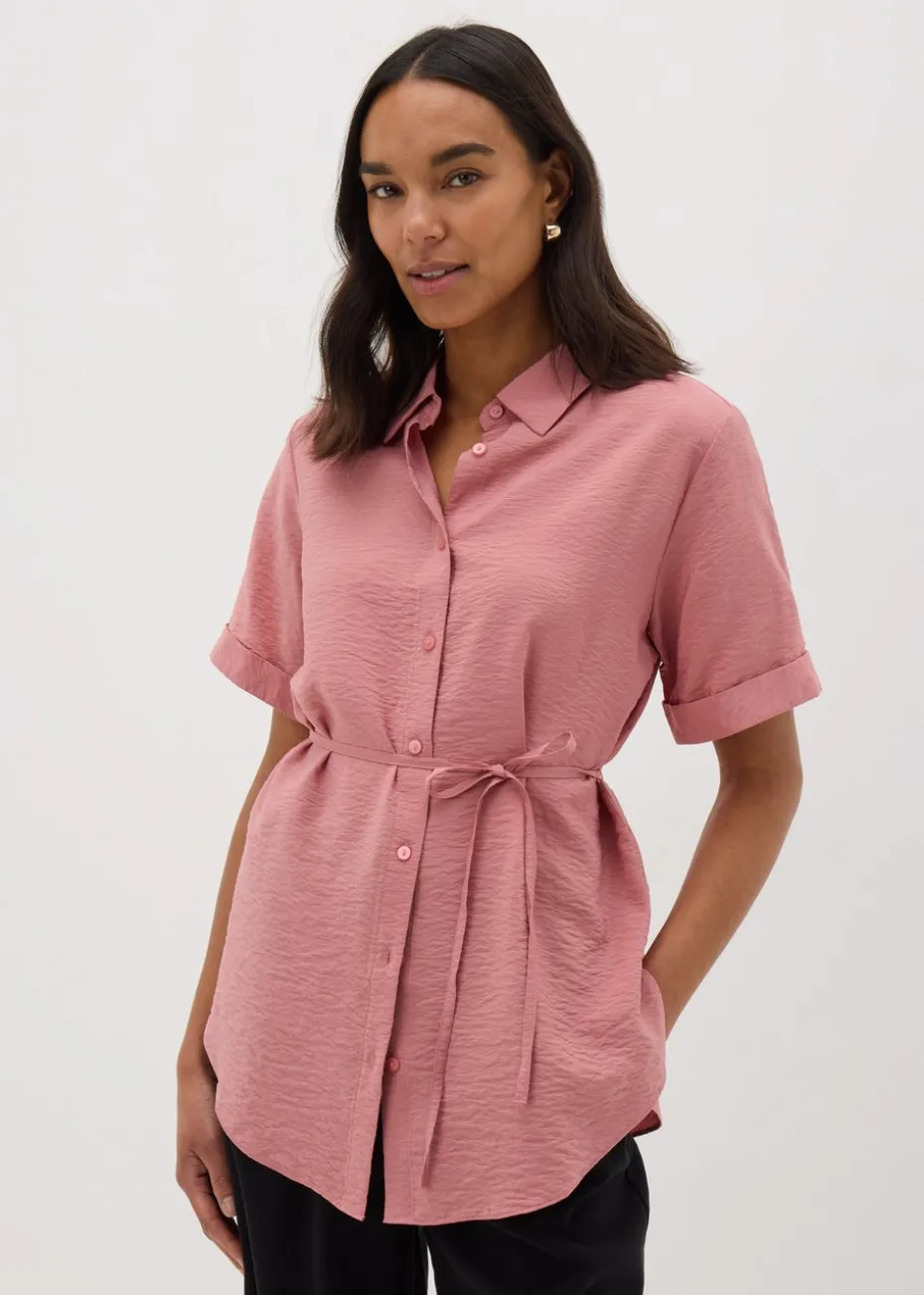 Rose Pink Tie Waist Longline Shirt