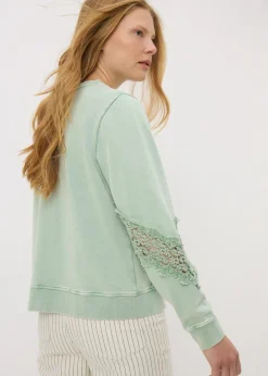 Sage Green Acid Wash Broderie Detail Sweatshirt