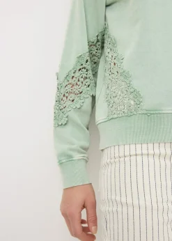 Sage Green Acid Wash Broderie Detail Sweatshirt