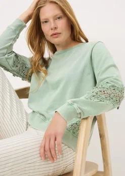 Sage Green Acid Wash Broderie Detail Sweatshirt