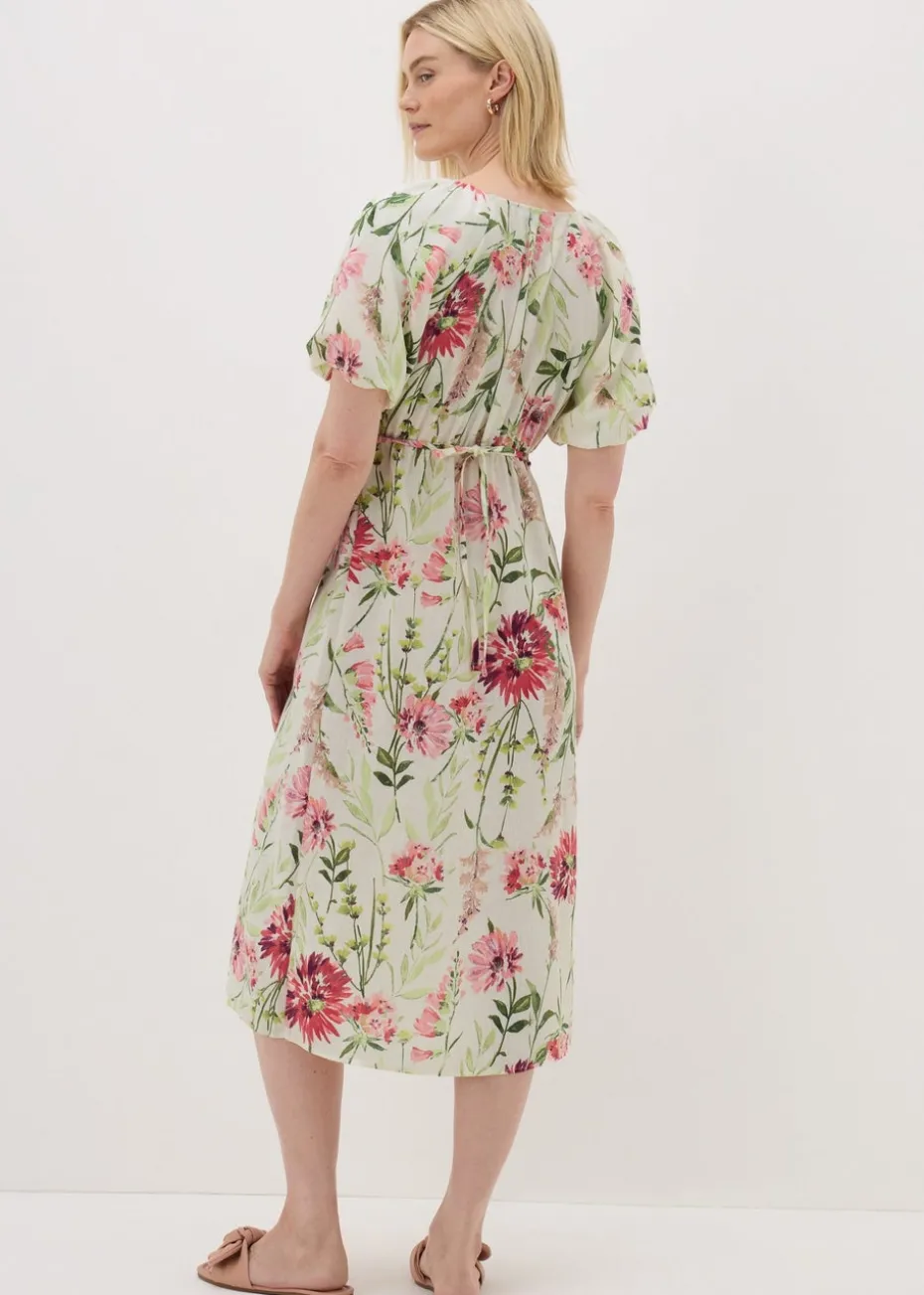 Sage Green Floral Puff Sleeve Tea Midi Dress