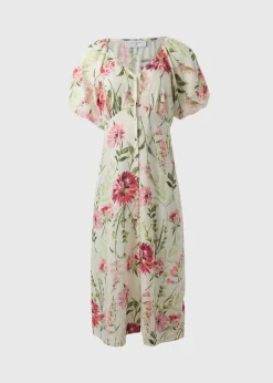 Sage Green Floral Puff Sleeve Tea Midi Dress