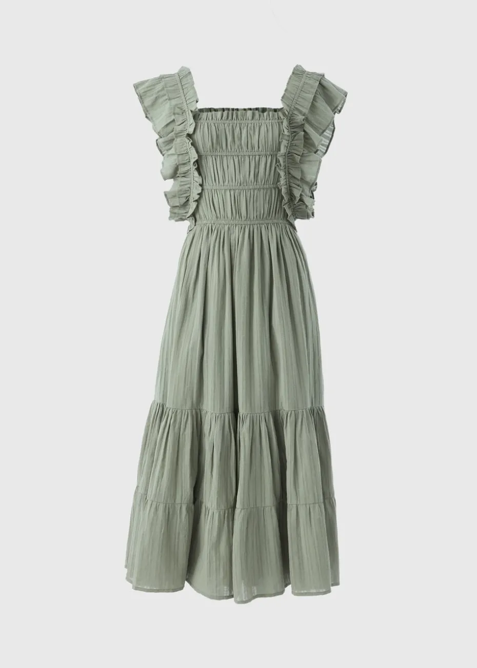 Sage Green Frill Shirred Midi Dress