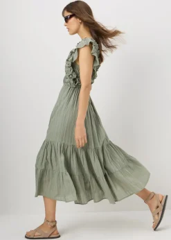 Sage Green Frill Shirred Midi Dress