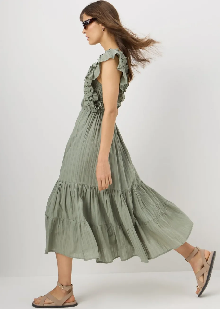 Sage Green Frill Shirred Midi Dress