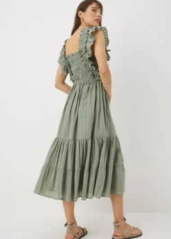 Sage Green Frill Shirred Midi Dress