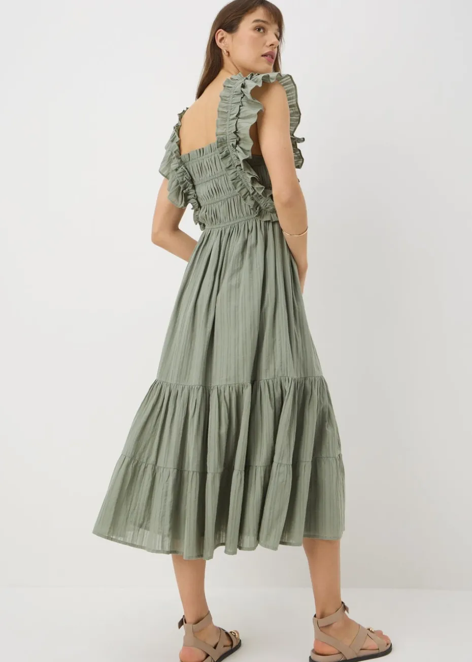 Sage Green Frill Shirred Midi Dress
