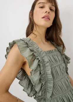 Sage Green Frill Shirred Midi Dress
