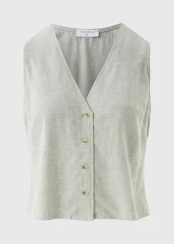 Sage Green Linen Blend Button Up Vest Top