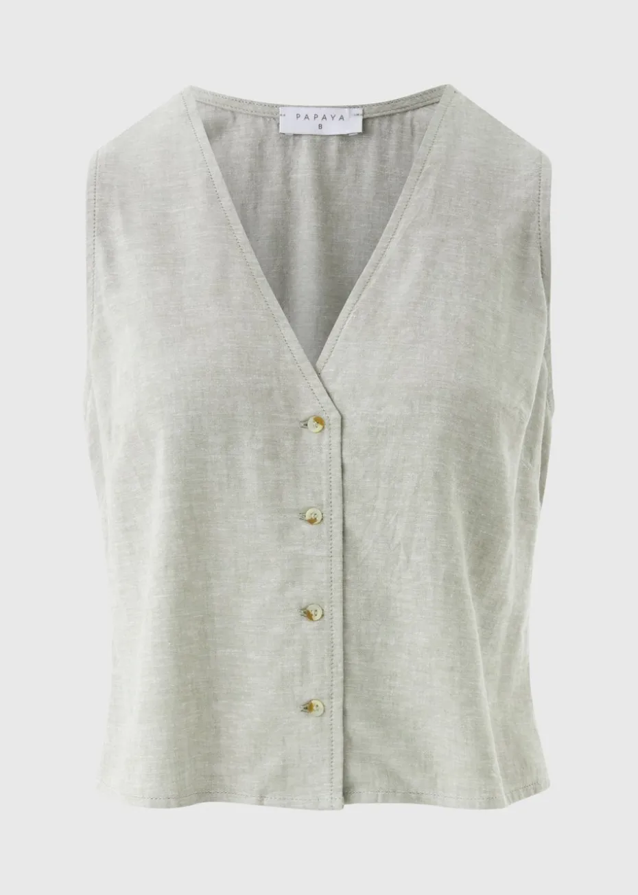 Sage Green Linen Blend Button Up Vest Top