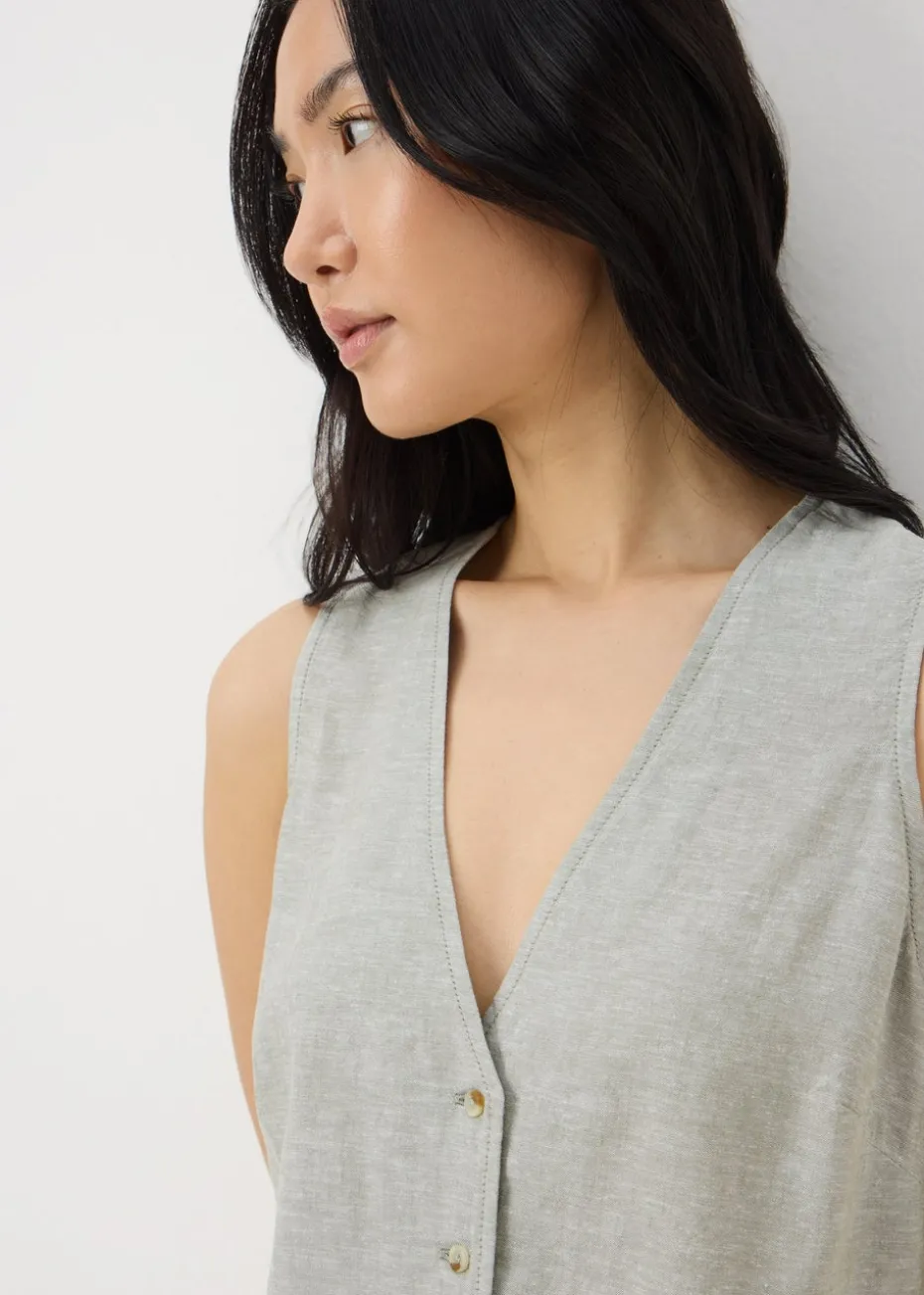 Sage Green Linen Blend Button Up Vest Top