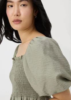Sage Green Shirred Puff Sleeve Midi Dress