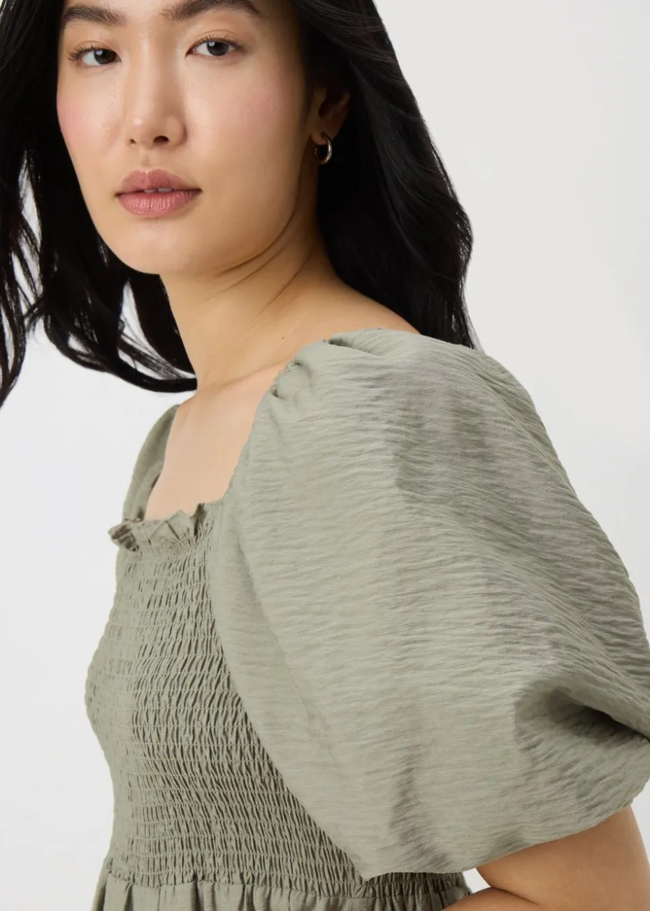 Sage Green Shirred Puff Sleeve Midi Dress