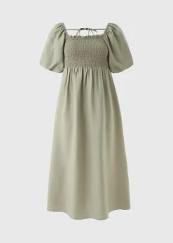 Sage Green Shirred Puff Sleeve Midi Dress