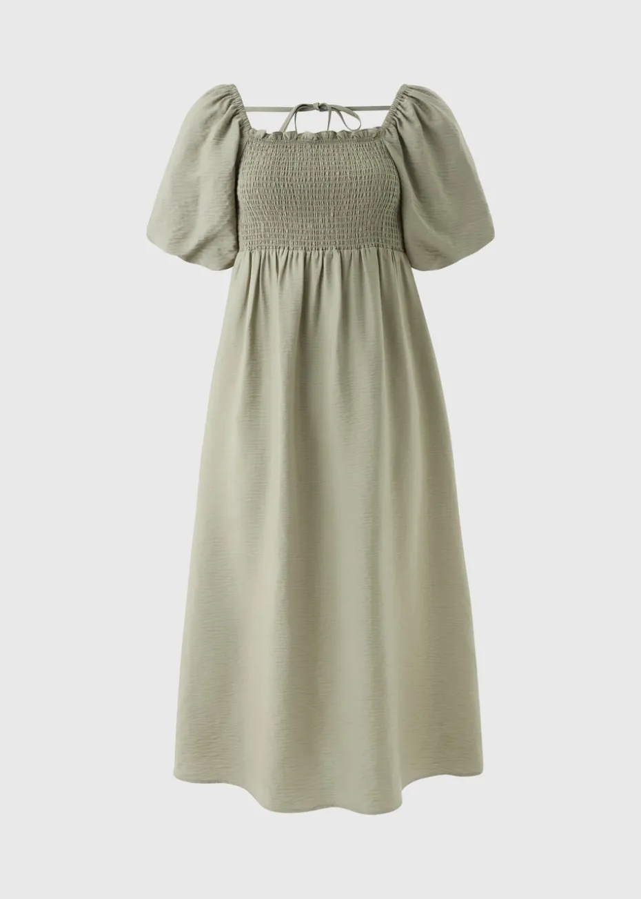 Sage Green Shirred Puff Sleeve Midi Dress