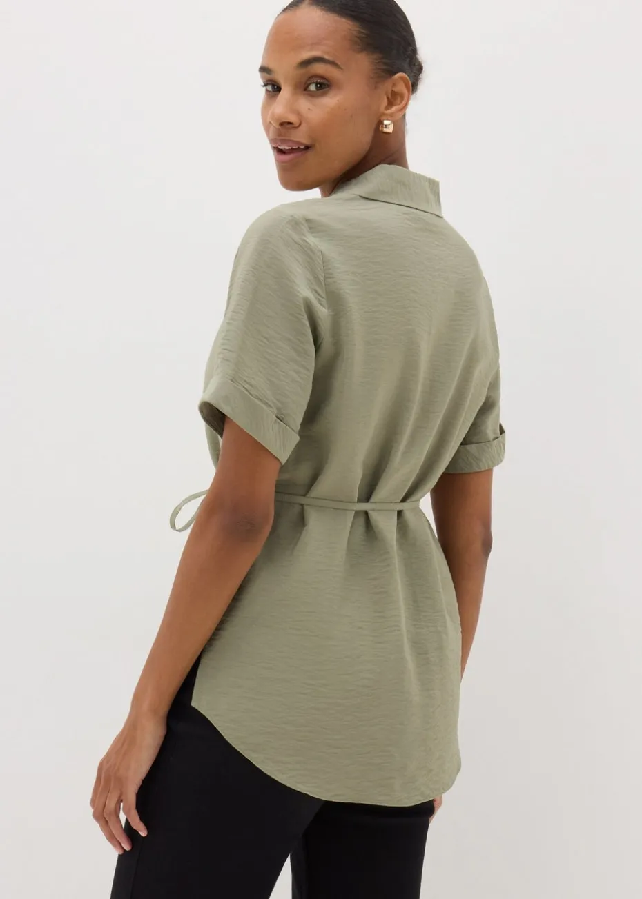 Sage Green Tie Waist Longline Shirt