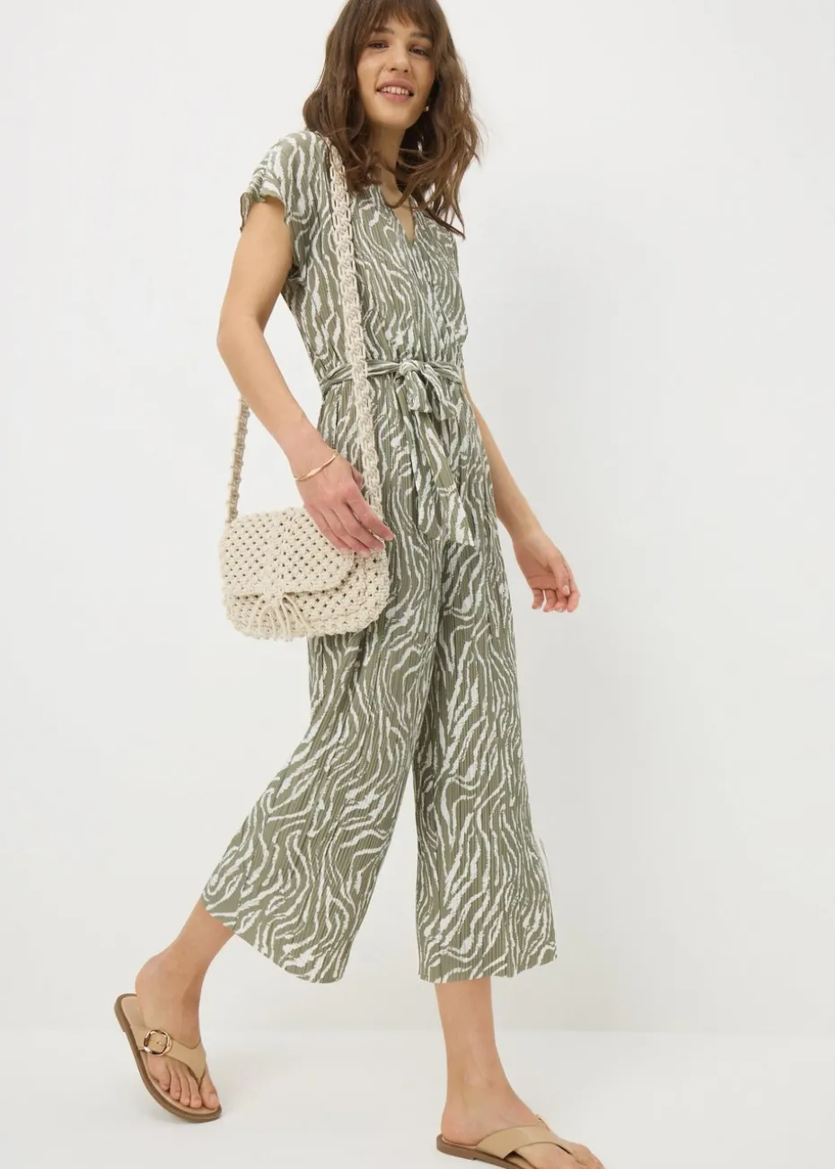 Sage Green Zebra Print Plisse Jumpsuit