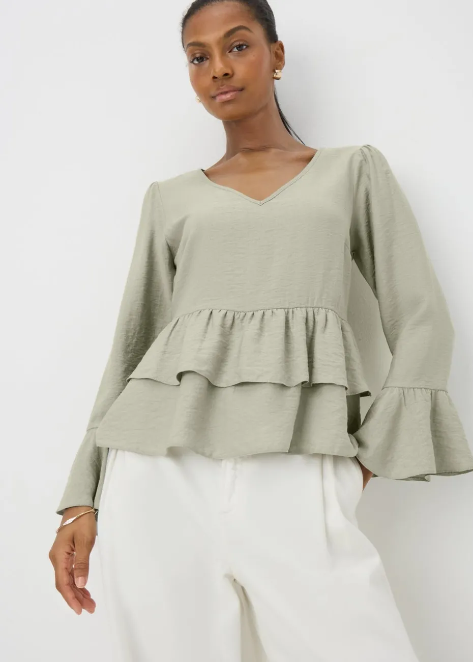 Sage V-Neck Ruffle Blouse