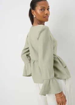 Sage V-Neck Ruffle Blouse
