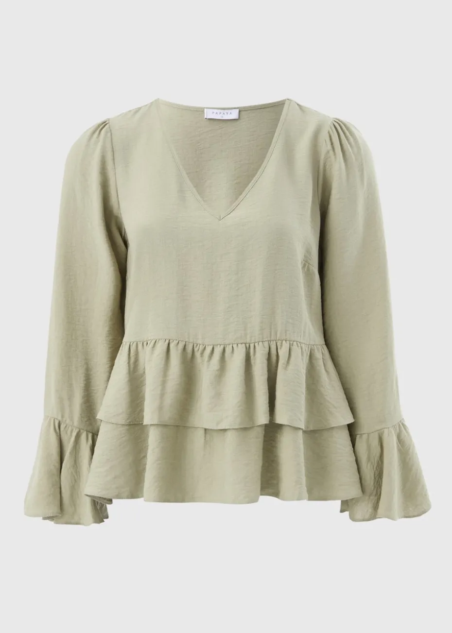 Sage V-Neck Ruffle Blouse