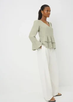 Sage V-Neck Ruffle Blouse