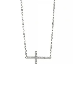 Say It With Silver Dainty Side Cross Necklace With CZ Stones