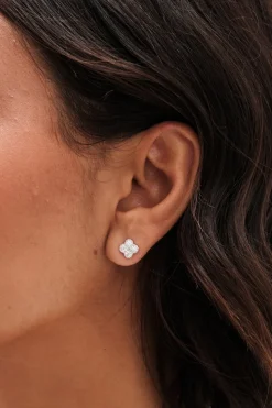 Simply Silver Sterling Silver 925 Polished & Cubic Zirconia Pave Clover Stud Earrings