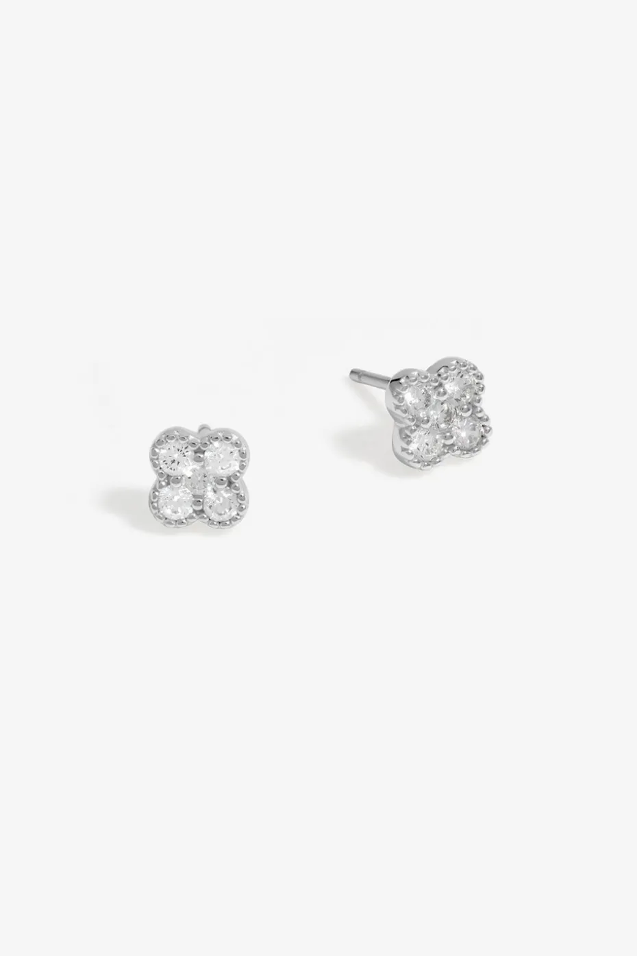 Simply Silver Sterling Silver 925 Polished & Cubic Zirconia Pave Clover Stud Earrings