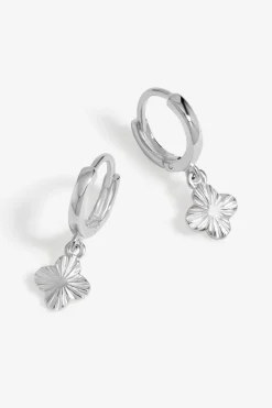 Simply Silver Sterling Silver 925 Polished Diamond Cut Clover Charm Hoop Earrings