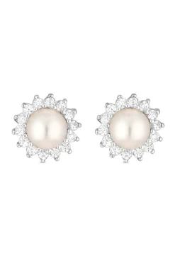 Simply Silver Sterling Silver 925 Freshwater Pearl And Cubic Zirconia Halo Stud Earrings
