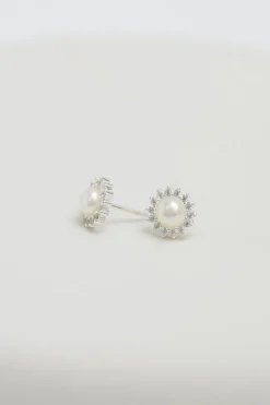 Simply Silver Sterling Silver 925 Freshwater Pearl And Cubic Zirconia Halo Stud Earrings