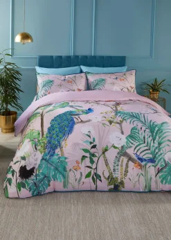 Soiree Peacock Jungle Sateen Pink Duvet Cover Set